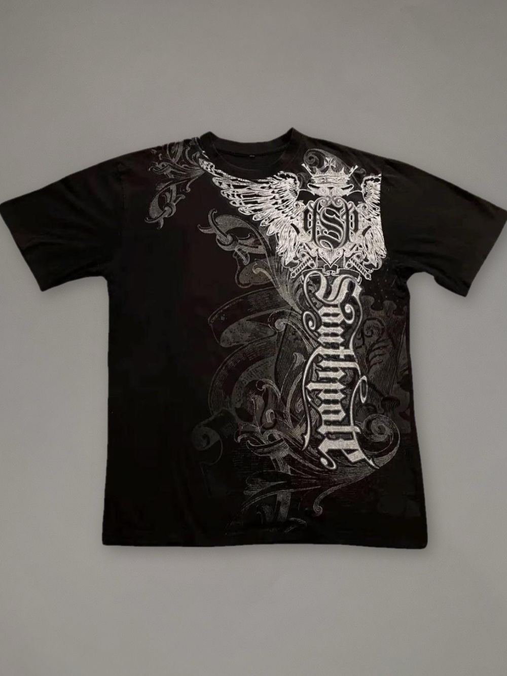 Men's Black Short-Sleeve Graphic Tee with Silver Crest